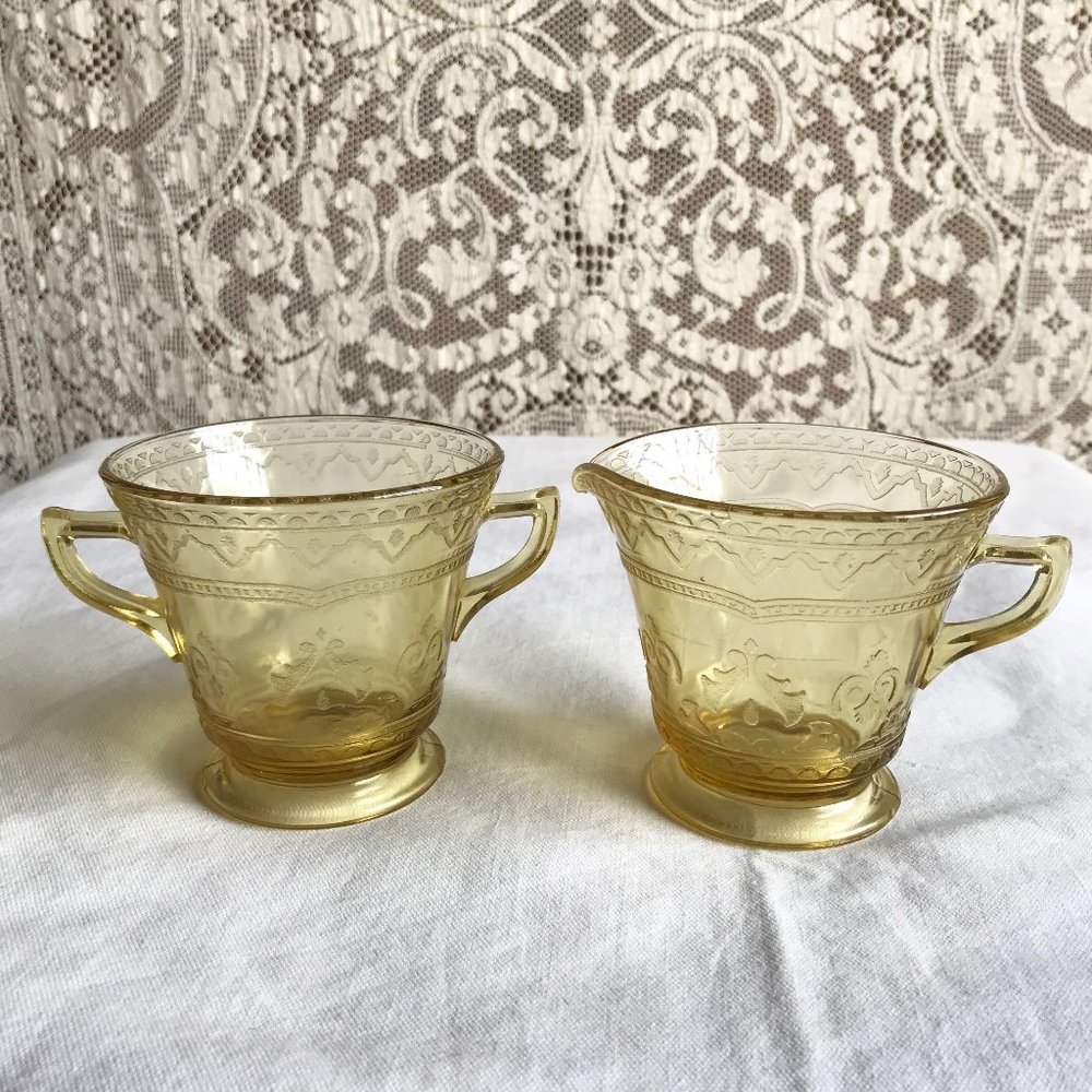 Amber Federal Depression Glass Patrician Spoke Creamer & Sugar Set